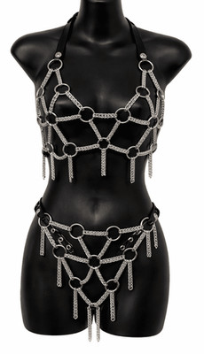 Damen Kette BH & Tanga Set Punk Style verstellbar Metall Harness Dessous