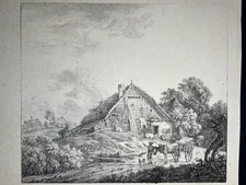 Large Early Lithograph–Joseph Wagenbauer–Farm cottage–1800s–Bavarian Landscape