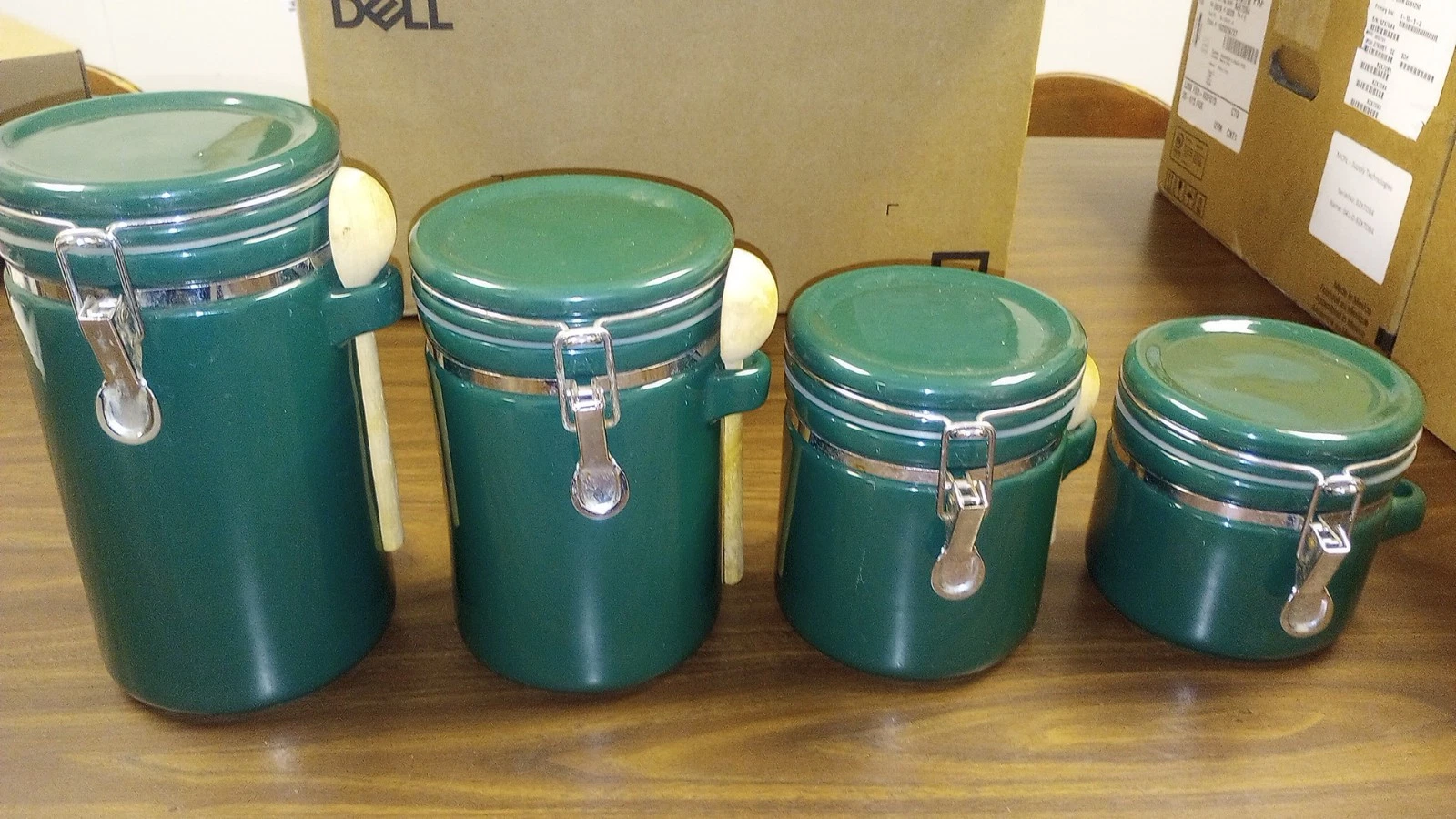 VINTAGE "The Market Place" 4 Canisters Hinged Lid Forest Green Ceramic