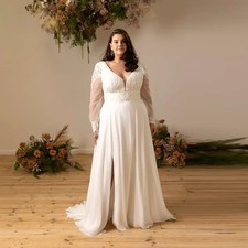 Wedding Dresses Plus Size V-Neck Backless Puff Sleeve Applique Split Chiffon