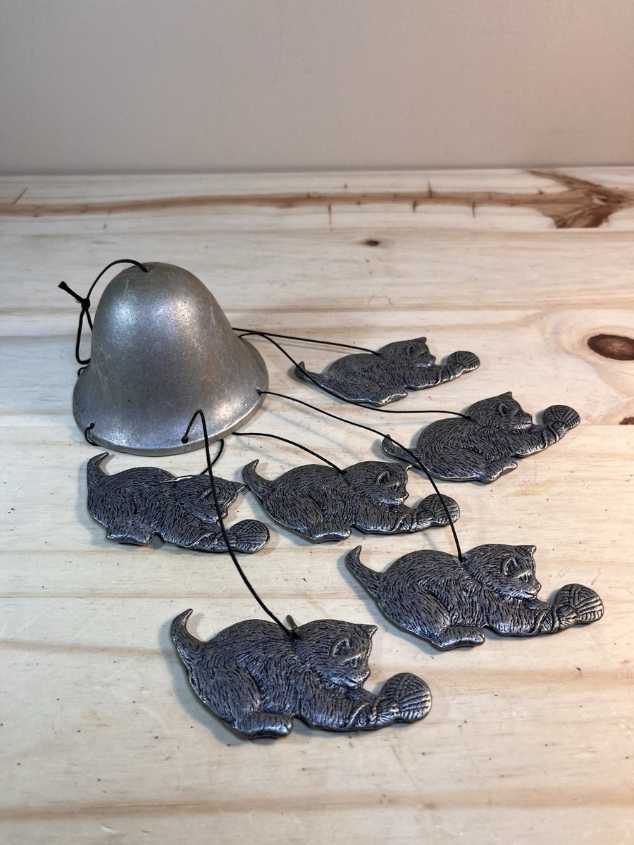 Vintage 1990's Carson Pewter Wind Chime Cats Playing w/Yarn Canopy