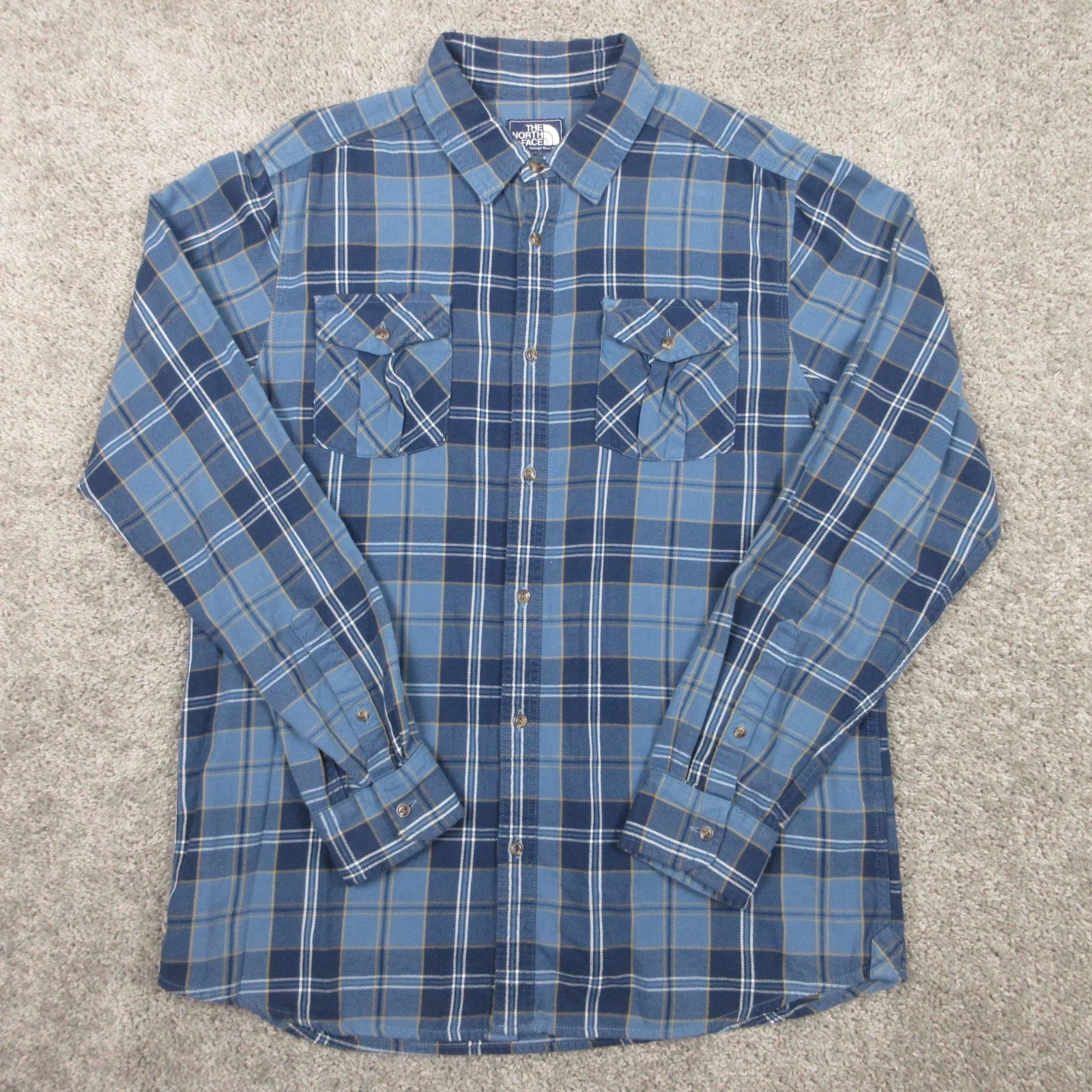 The North Face Shirt Mens Large Blue Twill Flannel Outdoor Hiking Button Up EUC