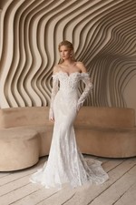 Full Lace Mermaid Wedding Dresses Pearls Sweetheart Long Sleeves Bridal Gown