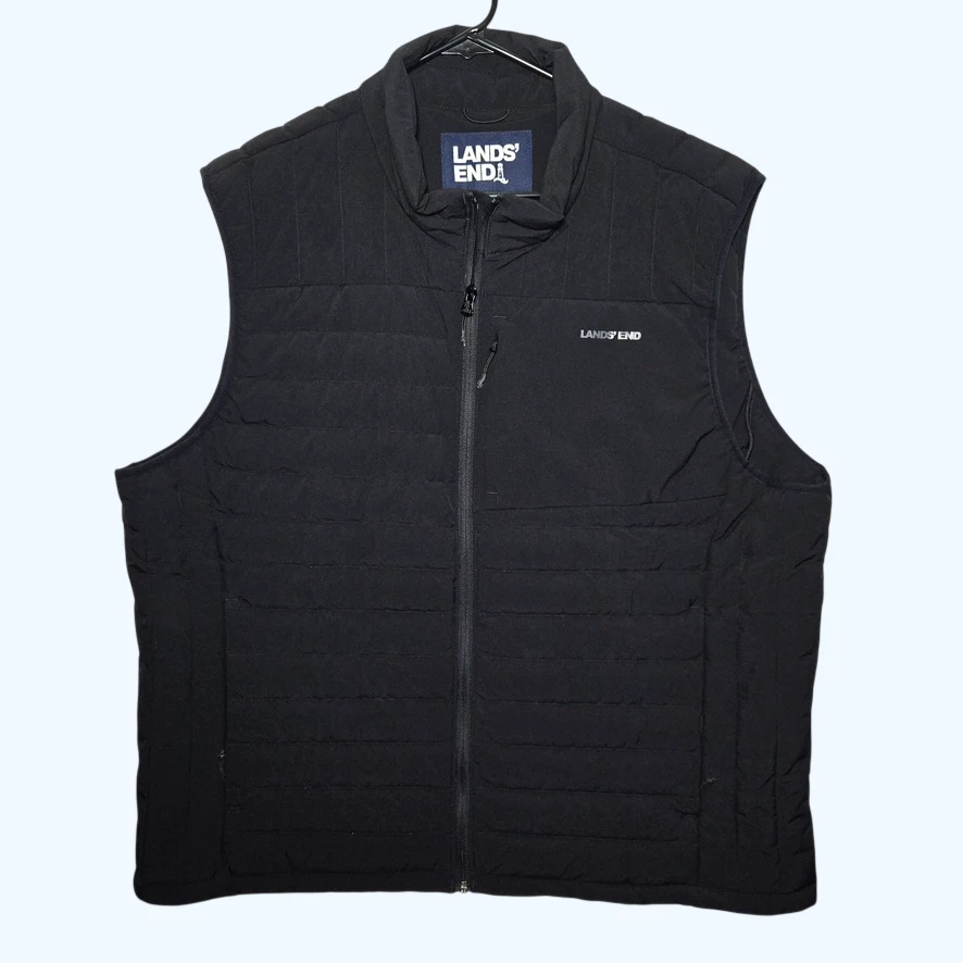 Lands End Mens Black Down Feathers Puffer Vest Full Zip Quilted XXL 50-52