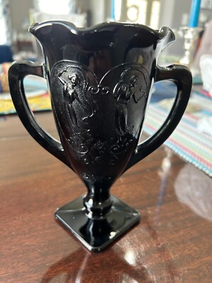 Vintage 1930 s LE Smith Black Amythest Glass Trophy Vase Dancing Nymph App 7 ¼ 