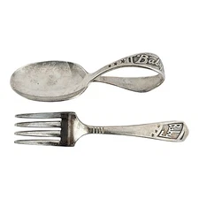 Imperial Silver Plate Curved Baby Spoon And Fork Vintage Condition Set Of 2