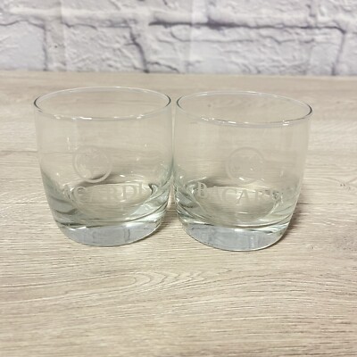 Bacardi Rum Whiskey Lowball Etched Bat Logo Glass 3  Set Of 2 ( see photos)