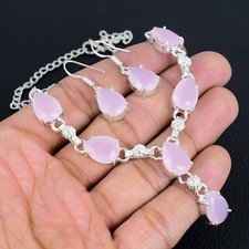 Rose Quartz Gemstone 925 Silver Sterling Necklace Earring Jewelry Set SL-192
