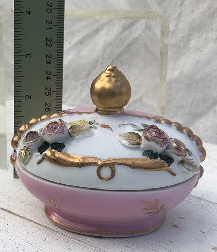Vtg Porcelain Candy Trinket Dish Pink Roses Gold Pedestal Finial Lid Edwardian - Picture 10 of 14
