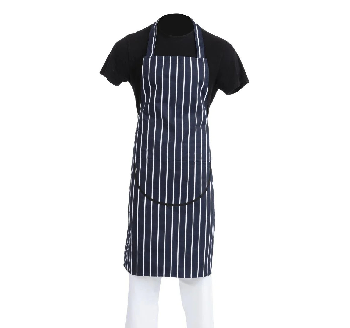 Whites A535 Polycotton Butchers Apron Navy Stripe with Pocket 711Wx965Lmm