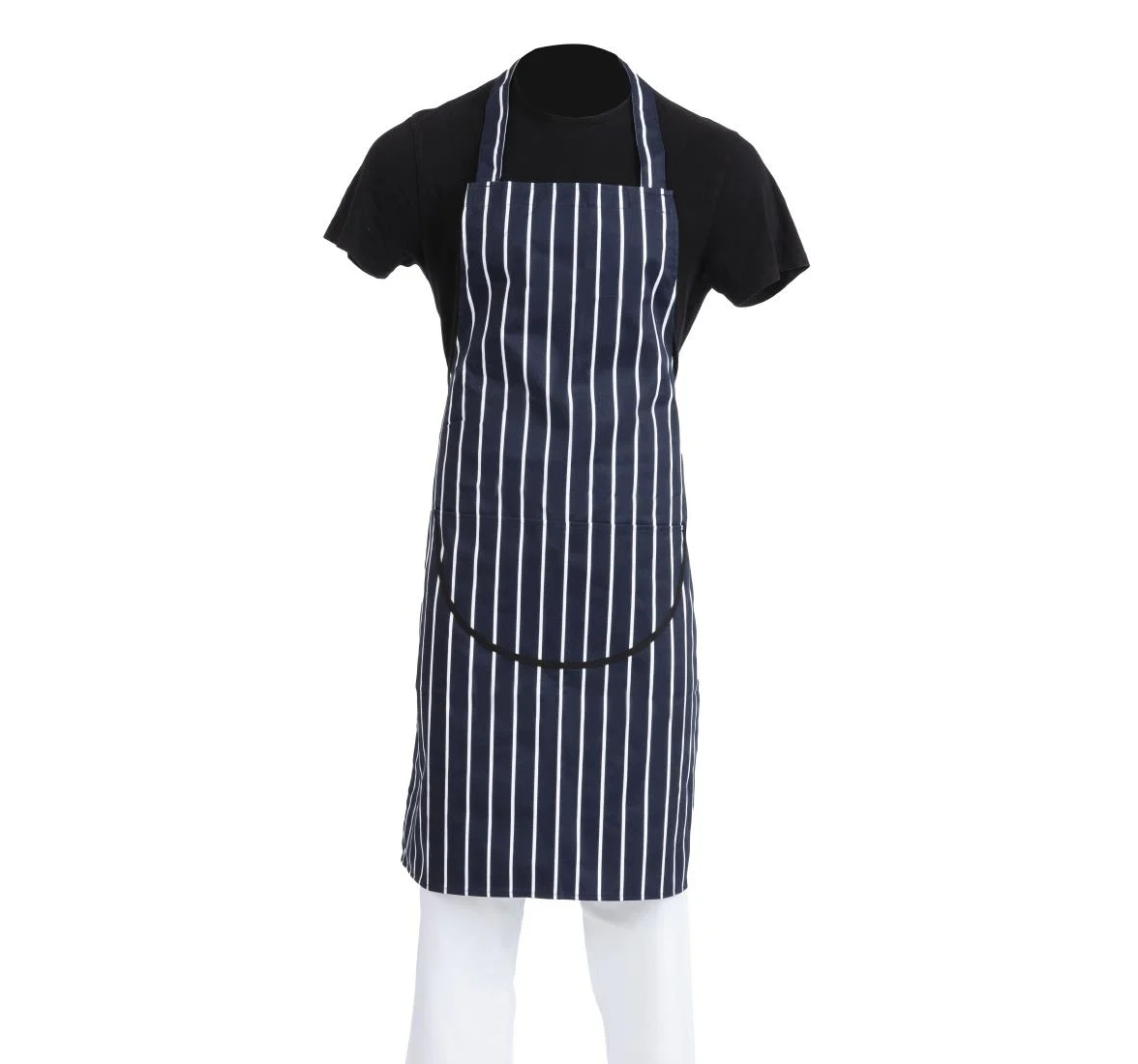 Whites A535 Polycotton Butchers Apron Navy Stripe with Pocket 711Wx965Lmm