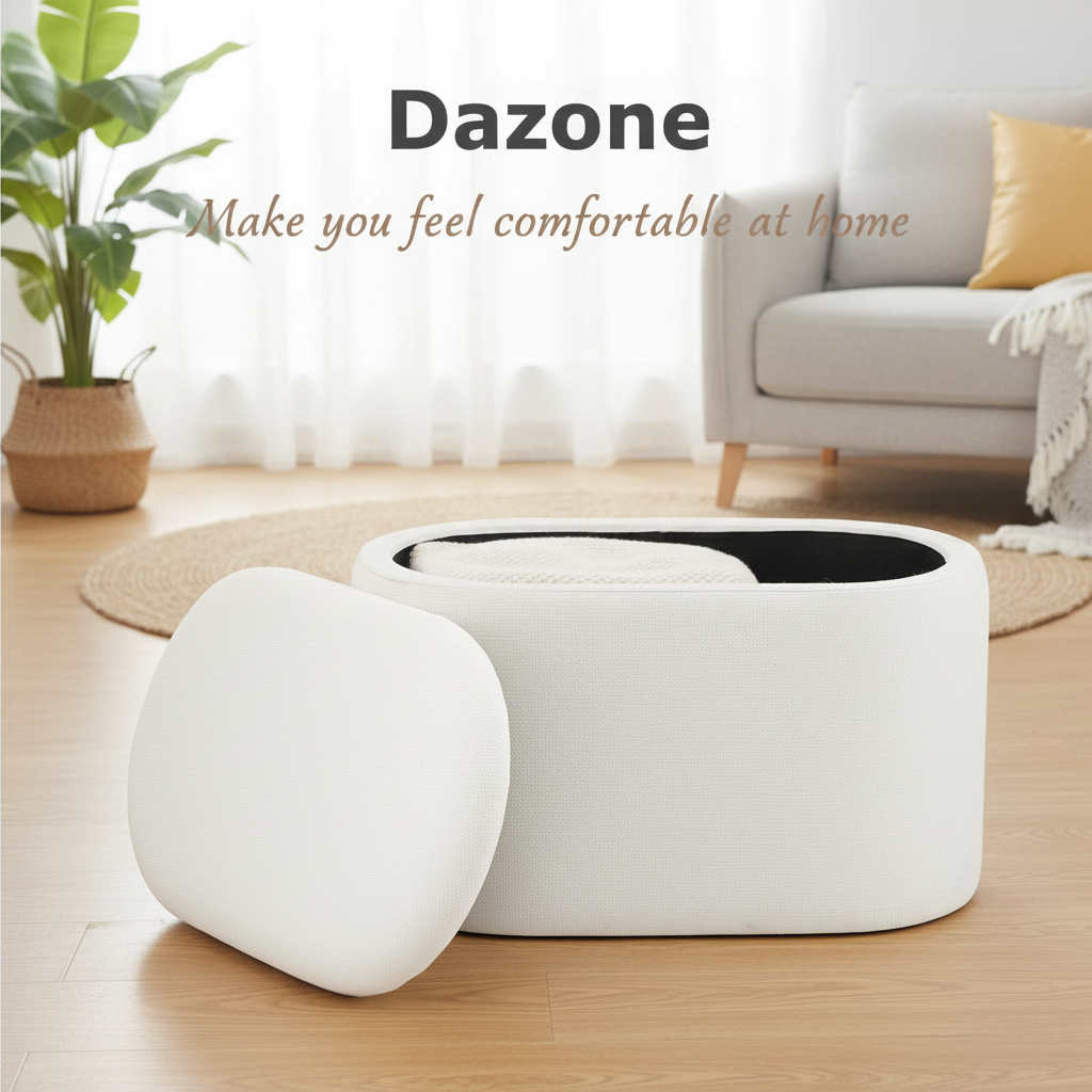 New 25'' Small Storage Ottoman Oval Linen Footstool Seat for Modern Living Room