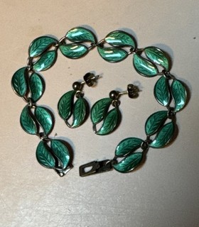 Vintage DAVID ANDERSEN STERLING SILVER Enamel Leaf Bracelet & Earrings Norway