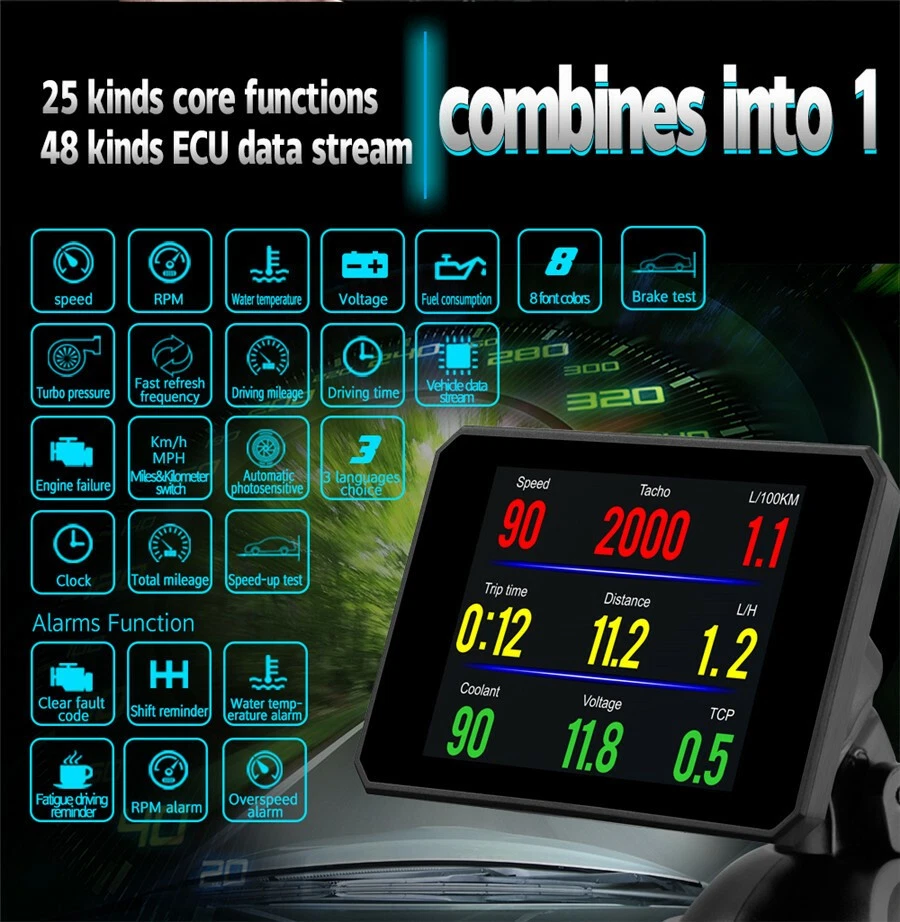 Coche OBD2 HUD Head Up Display Velocímetro Alarma Aceite Agua Temperatura Monitor NUEVO Foto 3 de 4