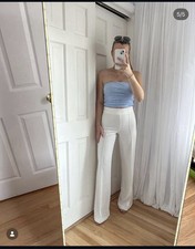 New Zara Women White Pleated Wide Leg Trousers Pants High Waist Size L Y577B