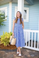 J. Crew Tiered Ruffle Sleeve Midi Dress Blue Gingham Size Small
