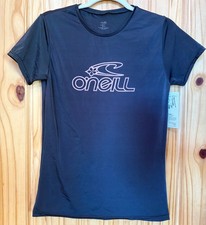 O'Neill Sz L Basic Skins S/S Surf Rash Guard Shirt Slim Fit Coal w/ Pink Logo