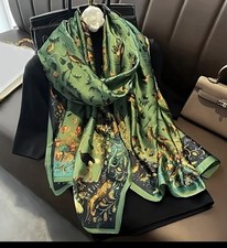 Green Floral Bird Satin Scarf Shawl Wrap Elegant Lightweight Fashion Scarf