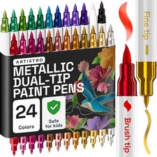 24 Metallic Acrylic Paint Markers - Paint Pens for Drawing, Brush  Fine Tips
