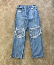 American Eagle Highest Rise Baggy Wide Leg Jeans Women 14 Blue Denim Strigid