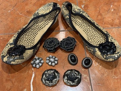 LINDSAY PHILLIPS LIZ 11 M TAN BLACK LEATHER SNAKE PRINT BALLET FLAT 5 SETS SNAPS