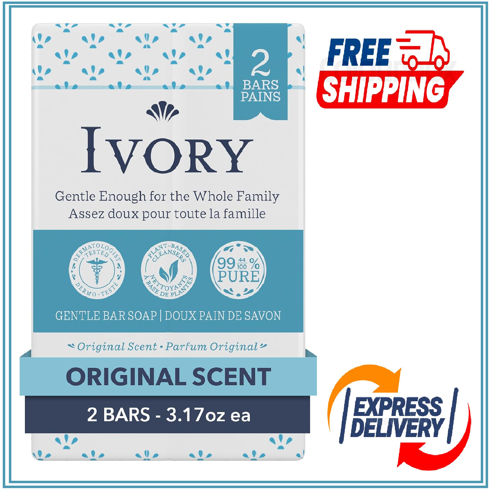 Ivory Gentle Bath Bar Soap Designed for Family 99.44% Pure Formula 3.17oz 2count
