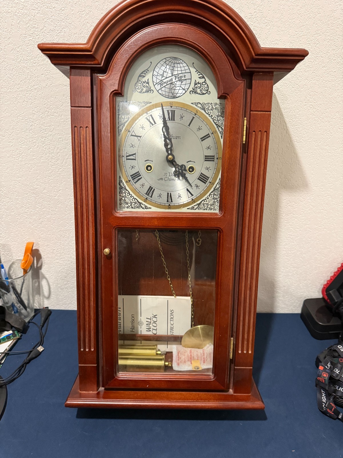 VTG Waltham Tempus Fugit 31 Day Wall Clock Pendulum Chime Key Wind 27.5” Wooden