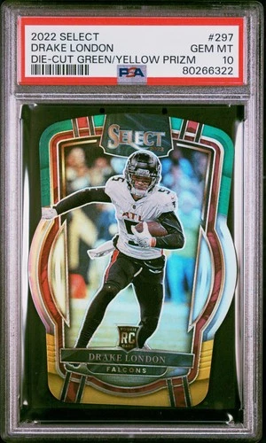 2022 PANINI SELECT DIE-CUT GREEN/YELLOW PRIZM #297 DRAKE LONDON ROOKIE RC PSA 10