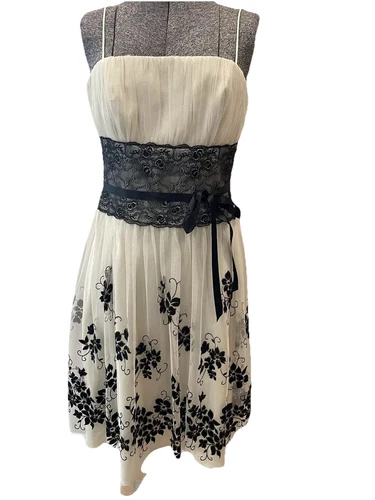 OFF WHITE Abito donna OC by OC taglia 8 poliestere pizzo sovrapposizione nero e panna spaghetti st