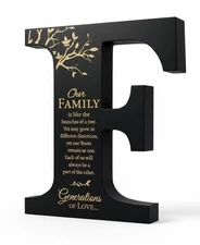 Family Letter F Wood Sign Black Gold Quote Tabletop or Wall Decor USA Made 12”
