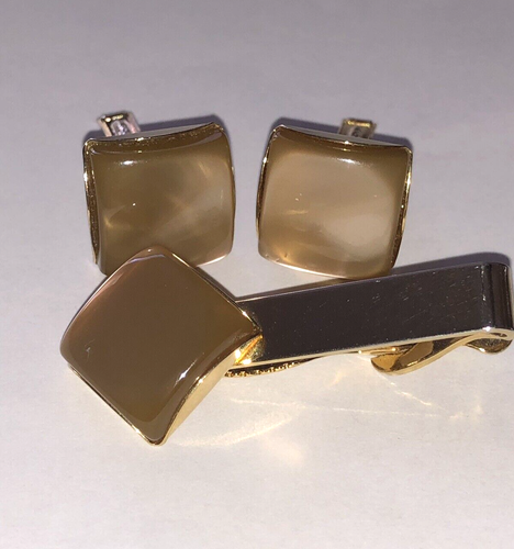 Vintage Moonstone Men's Cuff Links & Tie Bar Gold Filled / Gold Plated PAT. PEND - Picture 3 of 9