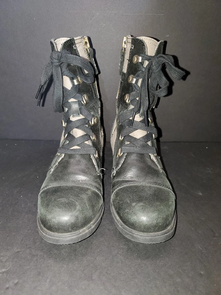 Sorel Original Major Carly Lace Up Leather Canvas Boot Womens Size 6 Black Beige - Image 2 of 4