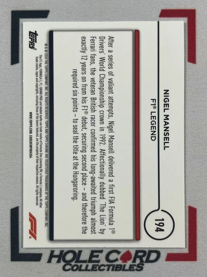 NIGEL MANSELL 2024 Topps Chrome Formula 1 F1 Legends #194 Green Red  (1) - Image 2 of 2