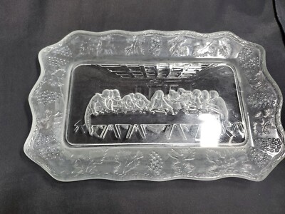 Lord's Last Supper Glass Rectangular Bread Plate Clear Frosted Grapes Leaves