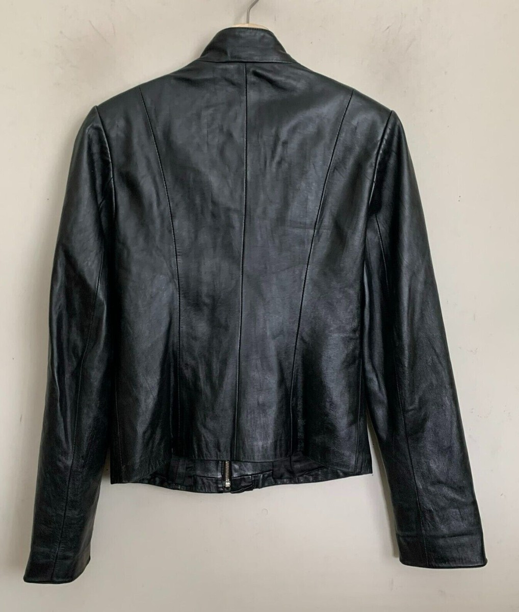 Ben Zhe Moto Jacket Black Leather Ruffle Trim Zip Flap Pockets
