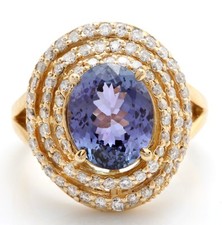 Natural Blue Tanzanite and Diamonds 5.18 Carat in 14K Solid Yellow Gold Ring