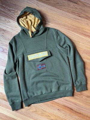 Napapijri Hoodie Mens Medium Olive Green Yellow Pullover Sweatshirt