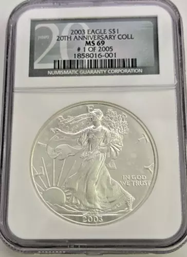 2003 MS69 SILVER EAGLE 20TH ANNIV (#1 OF 2005 COINS) VERY RARE NGC *
