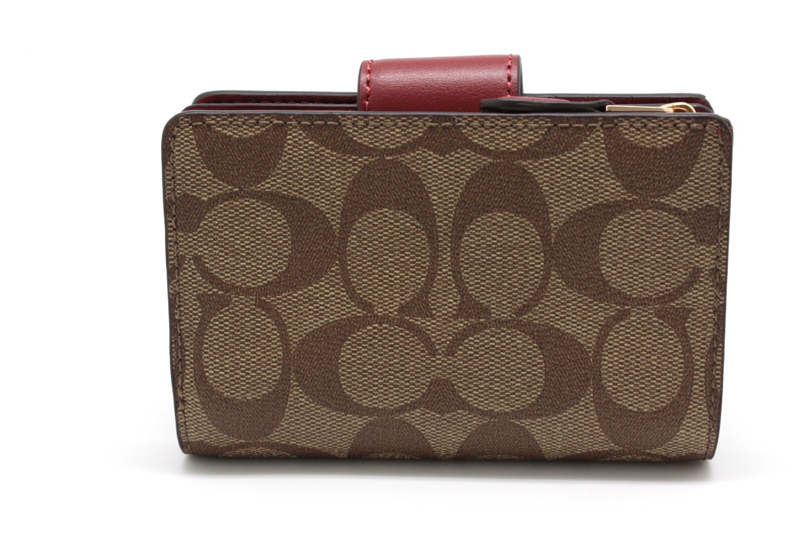 Coach Women Medium Corner Zip Wallet In Signature Canvas in Khaki Cherry