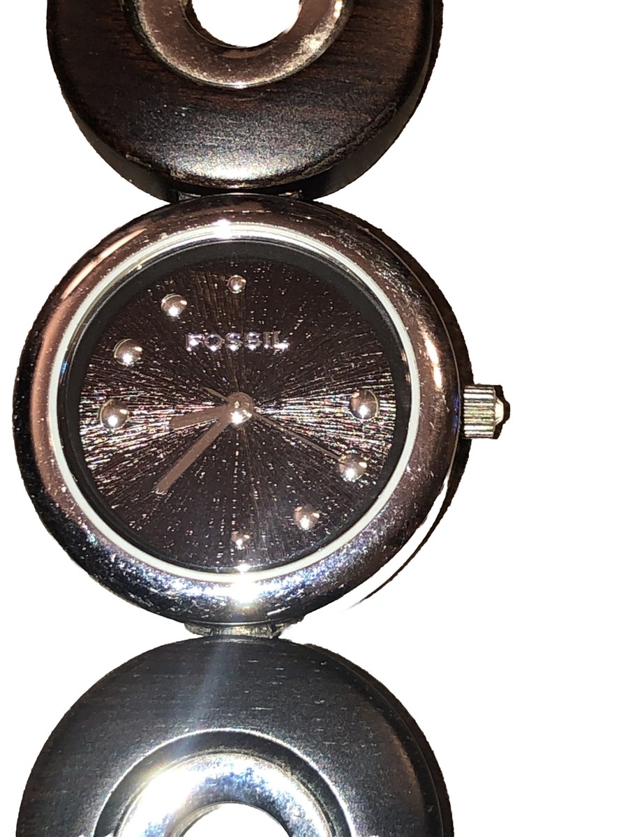 Fossil F2 ES 1986 Women’s Watch | Silver-Tone Circle Black Wood Bracelet Fossil Watch F2 Stainless Steel Wide Bracelet Watch - Etsy main image 4