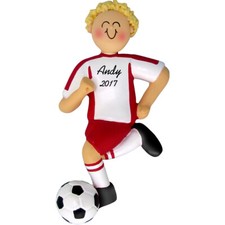 Personalized Christmas Ornament - Blonde Male Soccer Player in Red Uniform