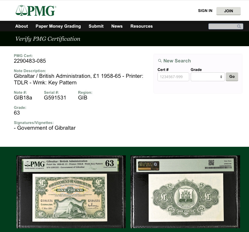 Gibraltar £1 Pound 1965 Pick# 18a PMG 63 Choice UNC