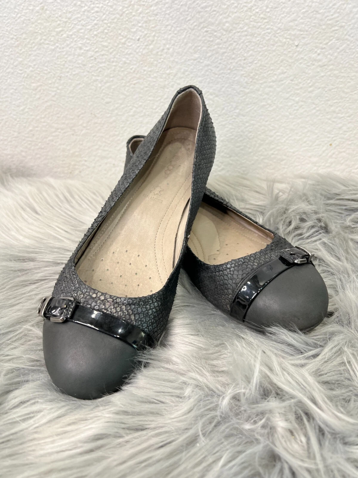 ECCO Ballet Flats donna blu navy scarpe slip on pelle di serpente taglia US 7 7 5 EU 38