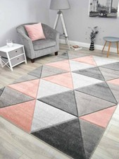 Pink Rug Grey Triangles Design Small Medium Extra Large Size Floor New
