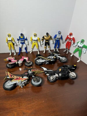 Vintage 1998 Bandai Power Rangers Lost Galaxy Lot - 7 Figures, 4 Motorcycles
