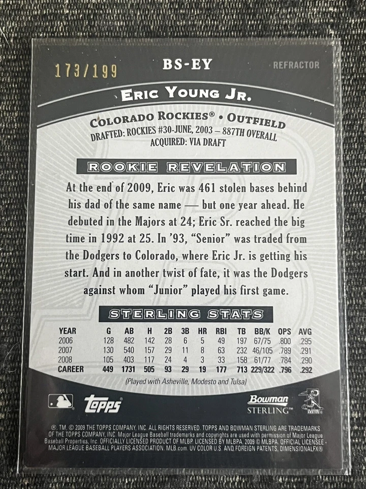 2009 Bowman Sterling Refractor Eric Young Jr. Rookie /199 Colorado Rockies #BSEY - Image 2 of 2