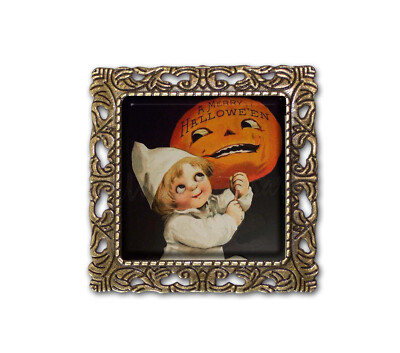 Vintage Happy Halloween Child with Pumpkin Handmade Square BROOCH pin Jewelry