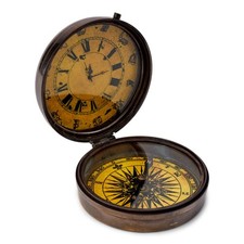 Kompass mit Uhr Messing antik 8cm Taschenkompass Peilkompass Richtungsanzeiger
