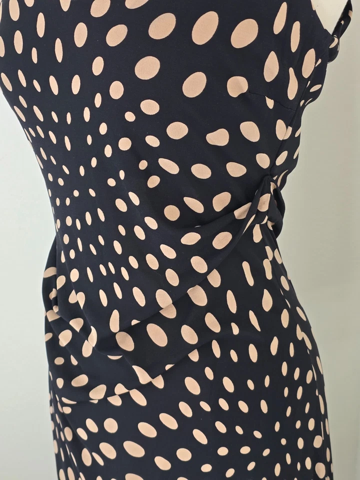 Nicole Miller 100% Silk Sz M Sleeveless V Neck & Back Black w Khaki Polka Dots - Image 3 of 4