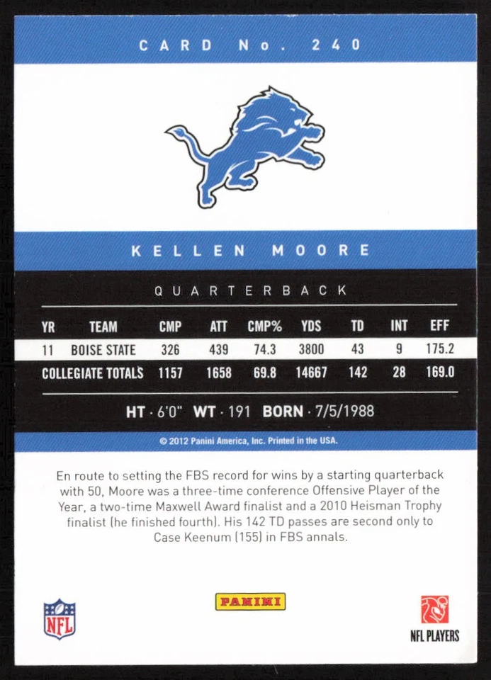 2012 Panini Prestige Extra Points Gold Kellen Moore #240 Rookie Detroit Lions - Image 2 of 2